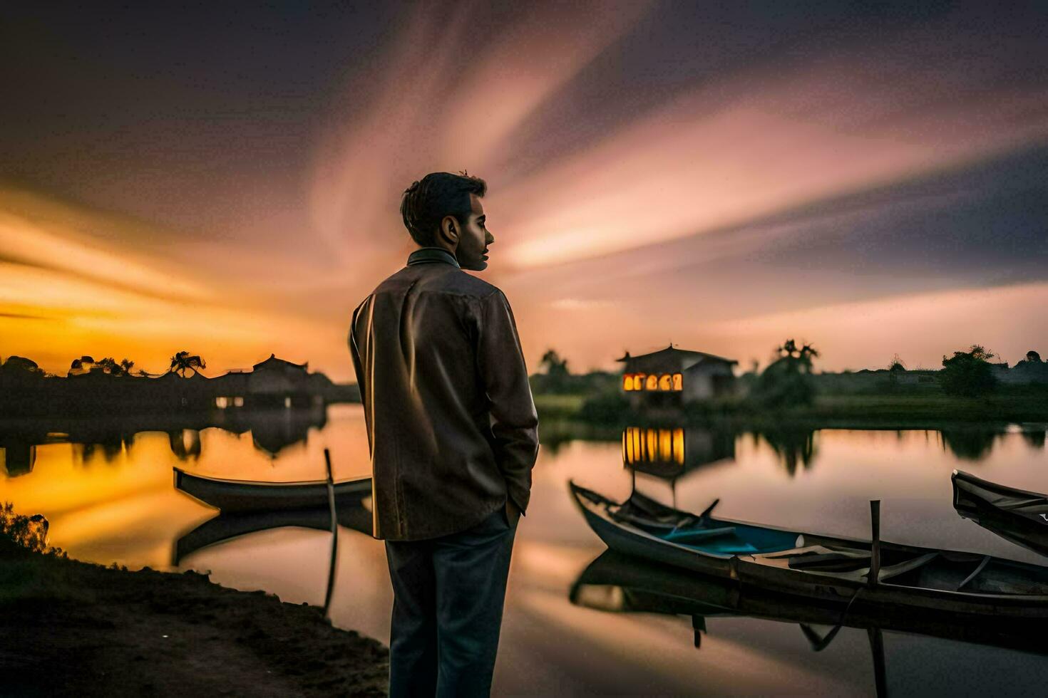 a man stands in front of a lake at sunset. AI-Generated photo