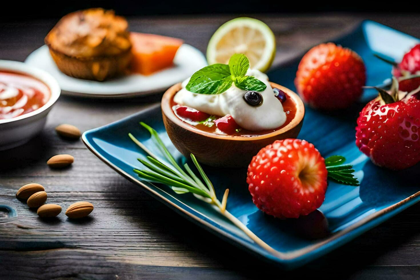 a plate with strawberries, yogurt and a cup of coffee. AI-Generated photo