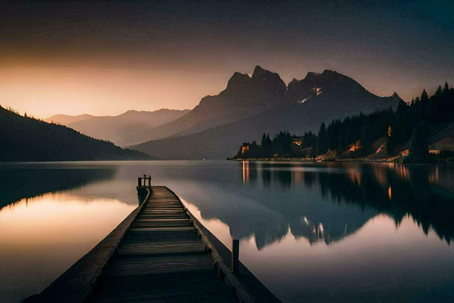 a pier in the middle of a lake at sunset. AI-Generated photo