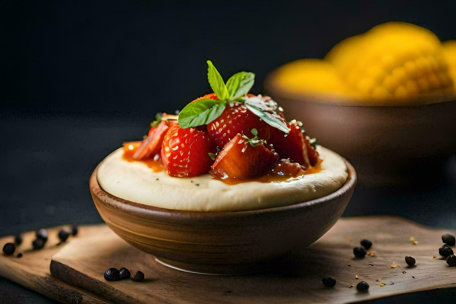 strawberry and cream dessert in a bowl. AI-Generated photo