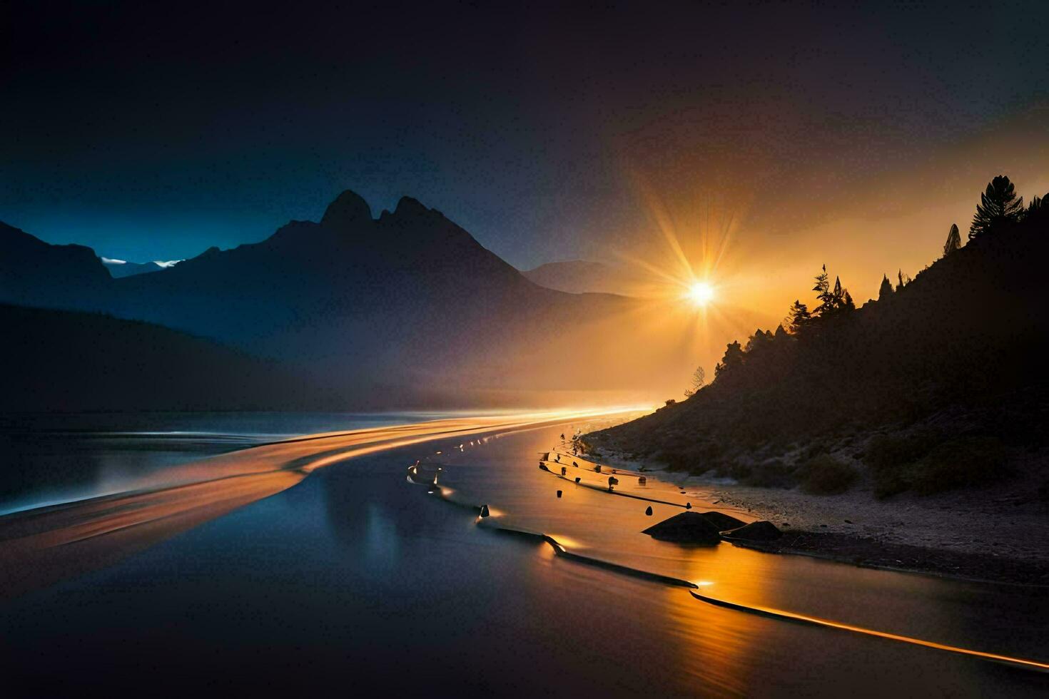 the sun is setting over a river and mountains. AI-Generated photo