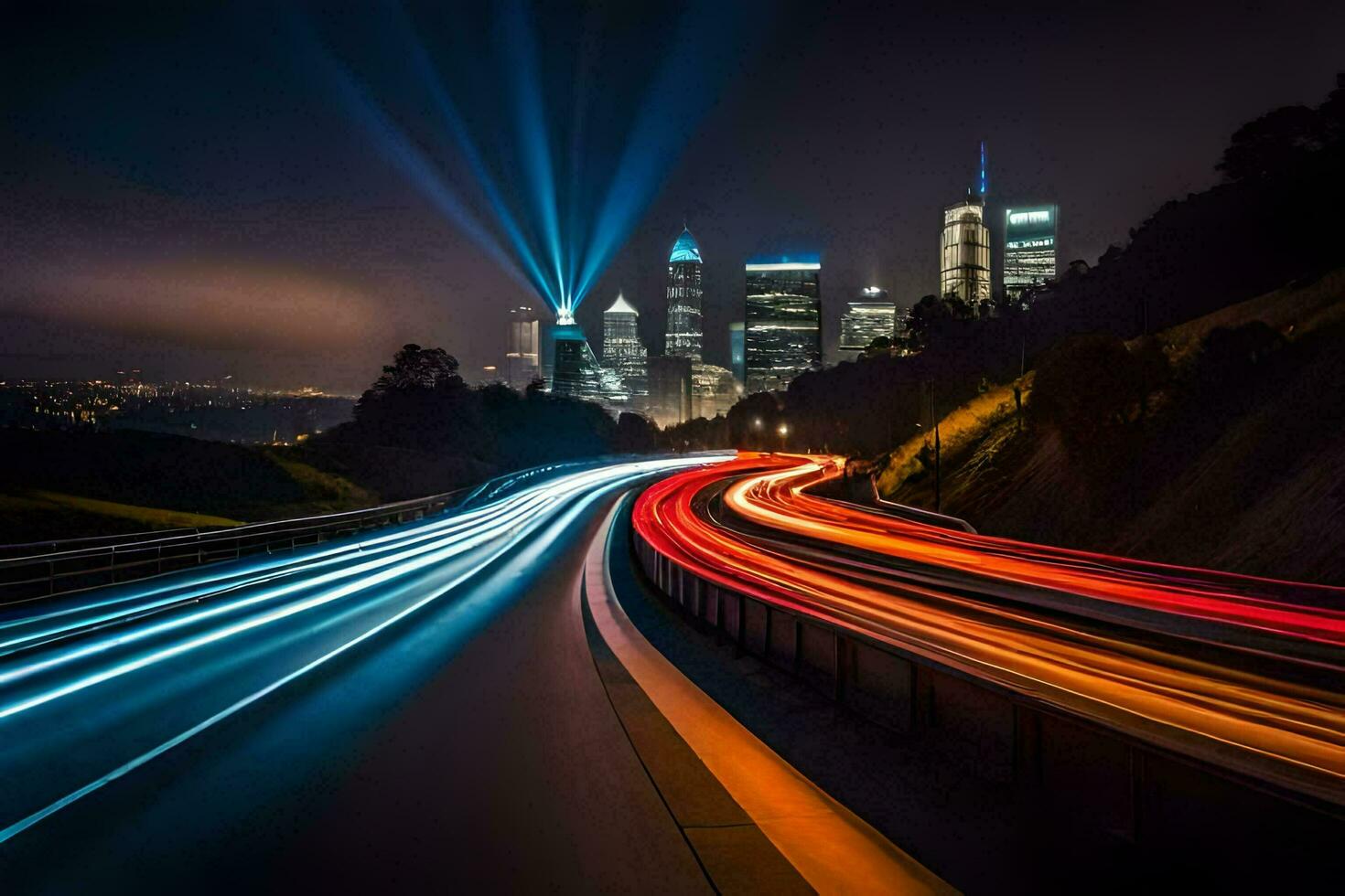 a long exposure photograph of a city skyline at night. AI-Generated photo