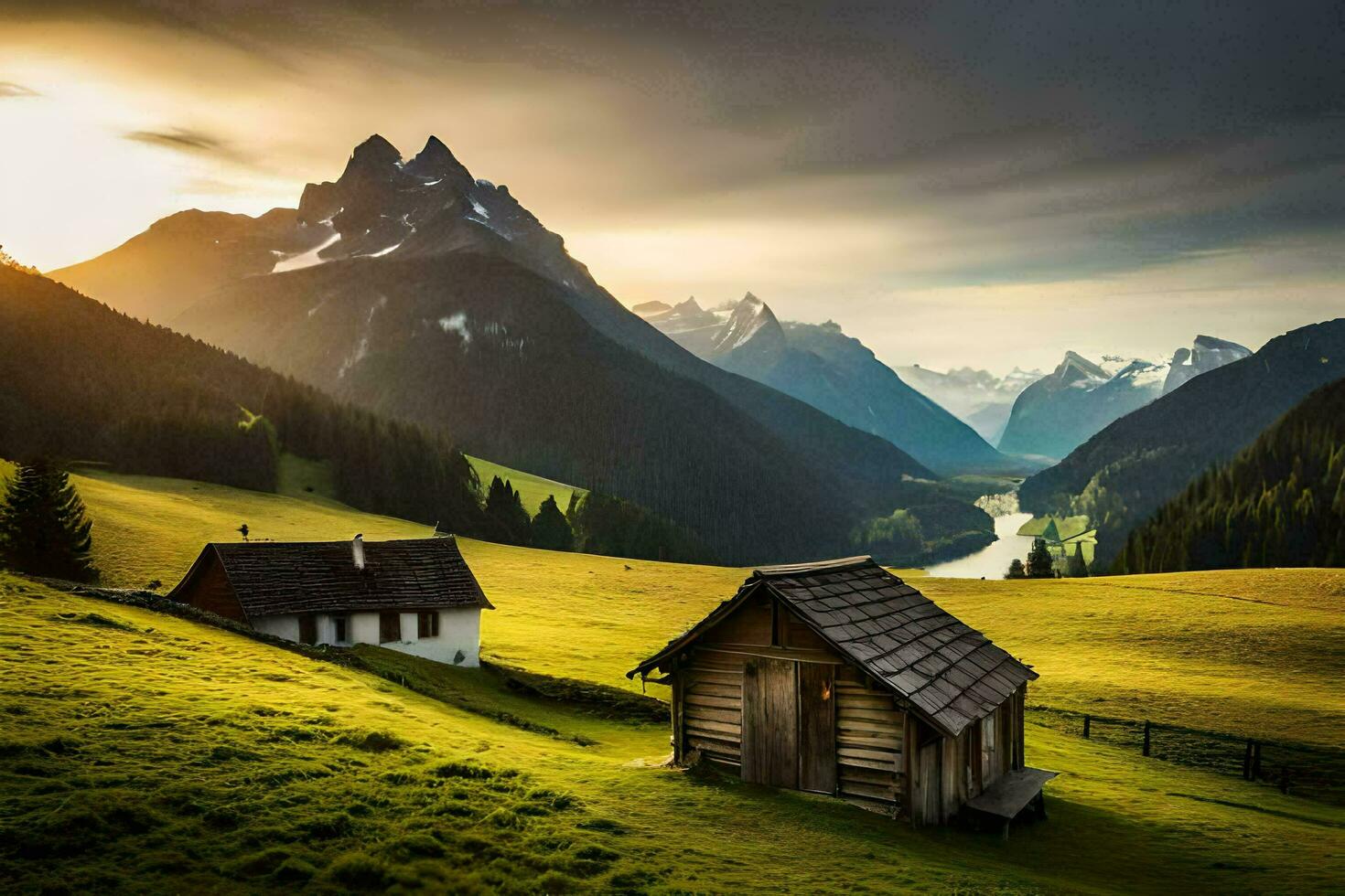 the sun rises over the mountains in the background. AI-Generated photo