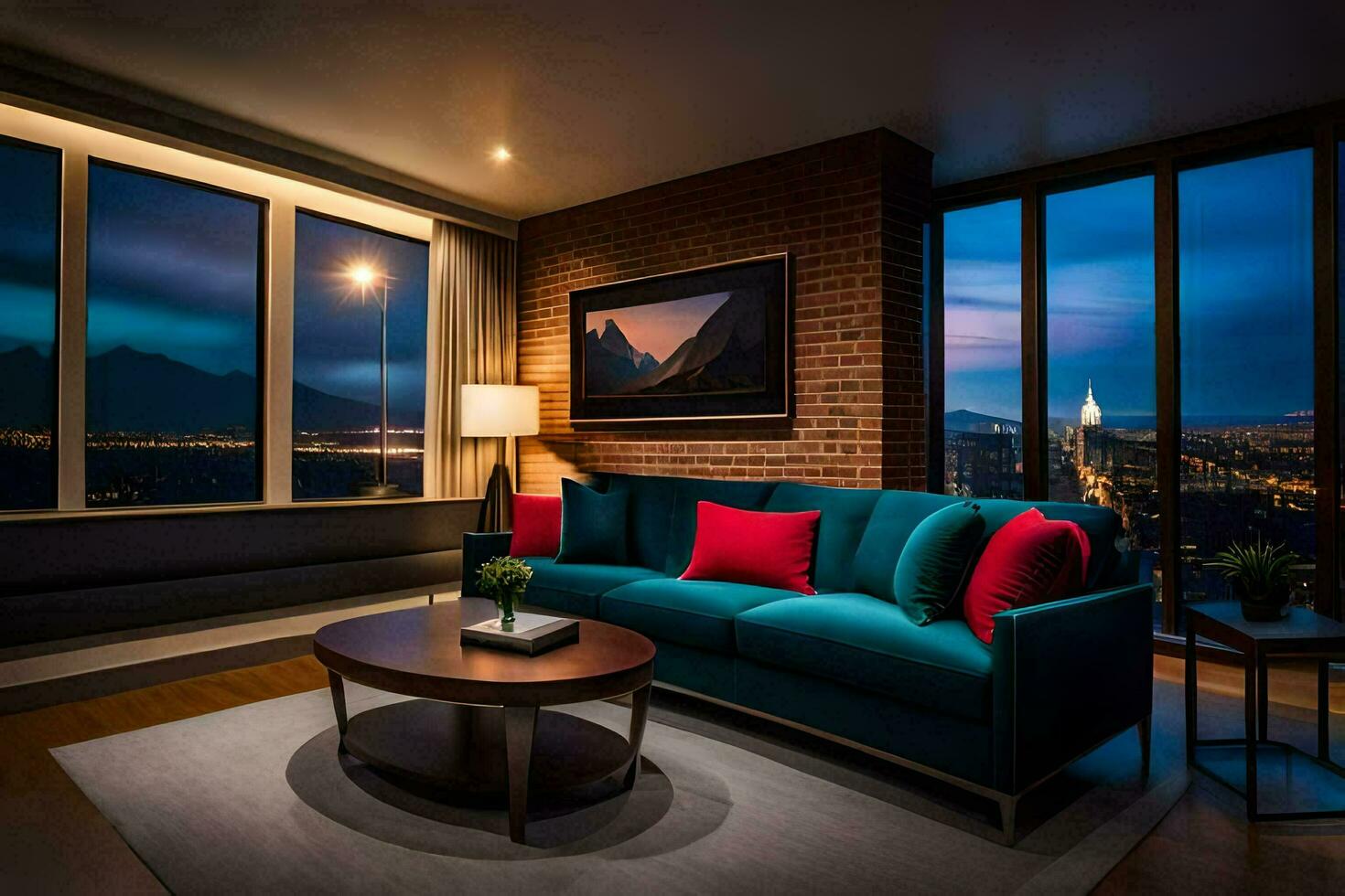 a living room with a view of the city at night. AI-Generated photo