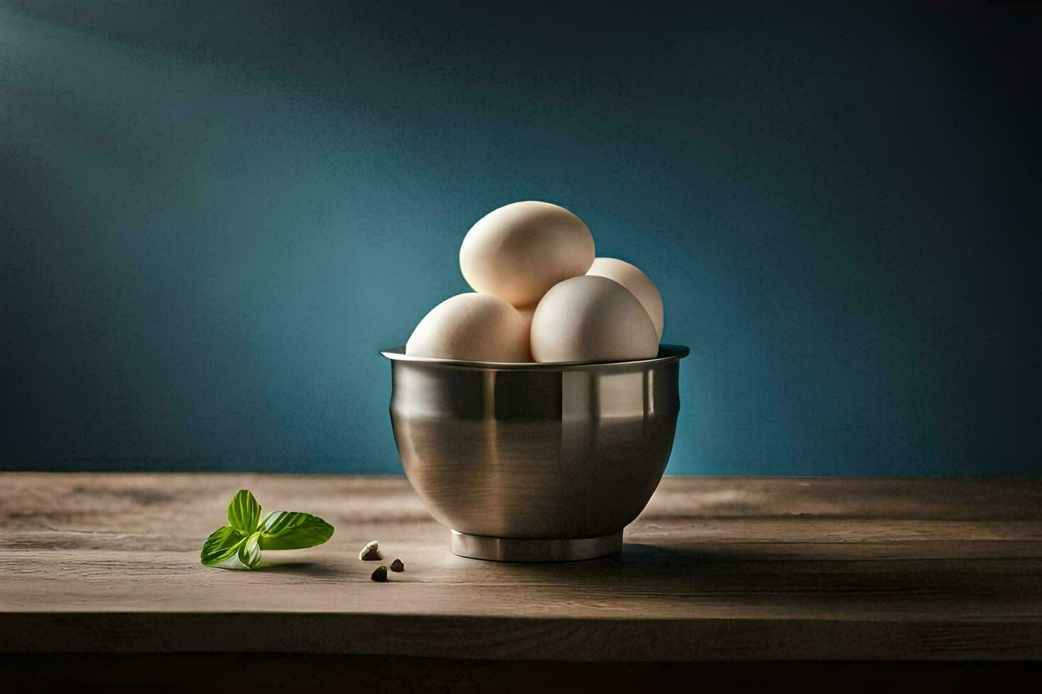 eggs in a metal bowl on a wooden table. AI-Generated photo