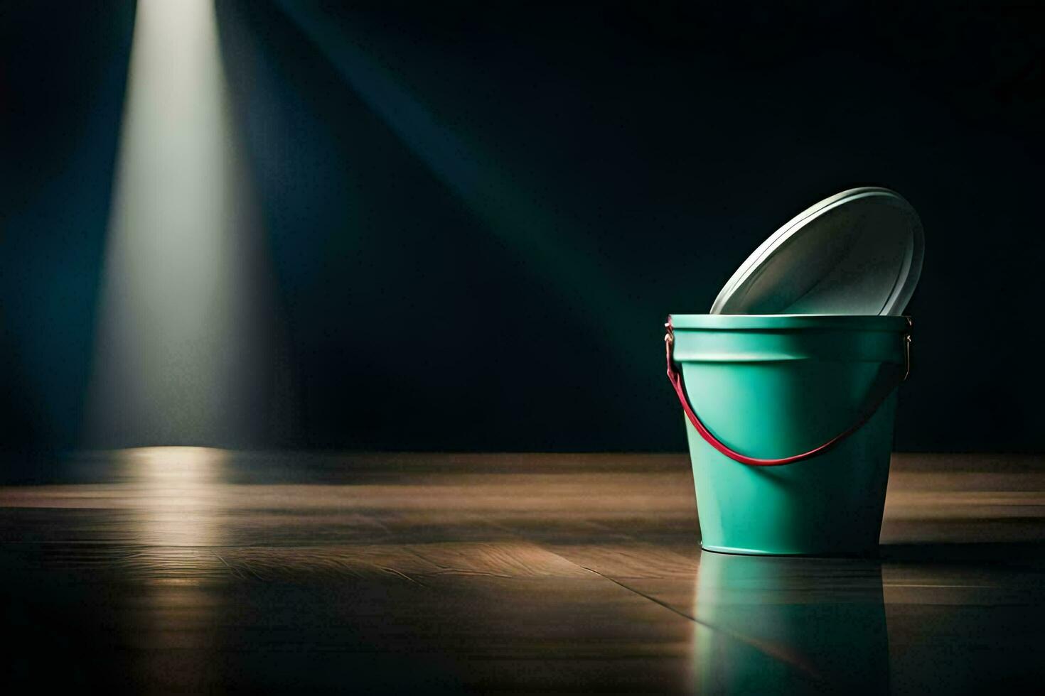 a bucket on a wooden floor with a spotlight. AI-Generated photo