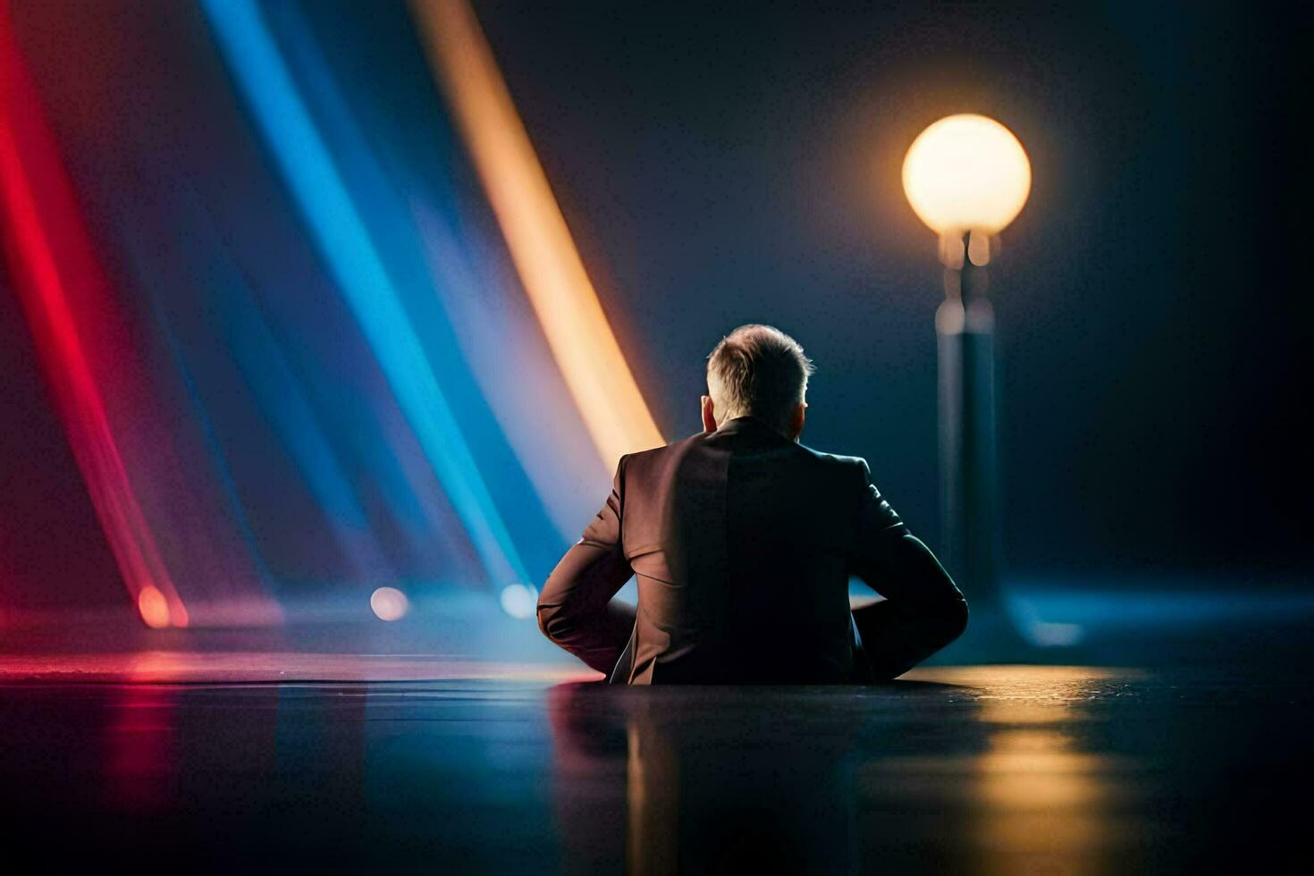 a man sitting on the floor in front of a light. AI-Generated photo