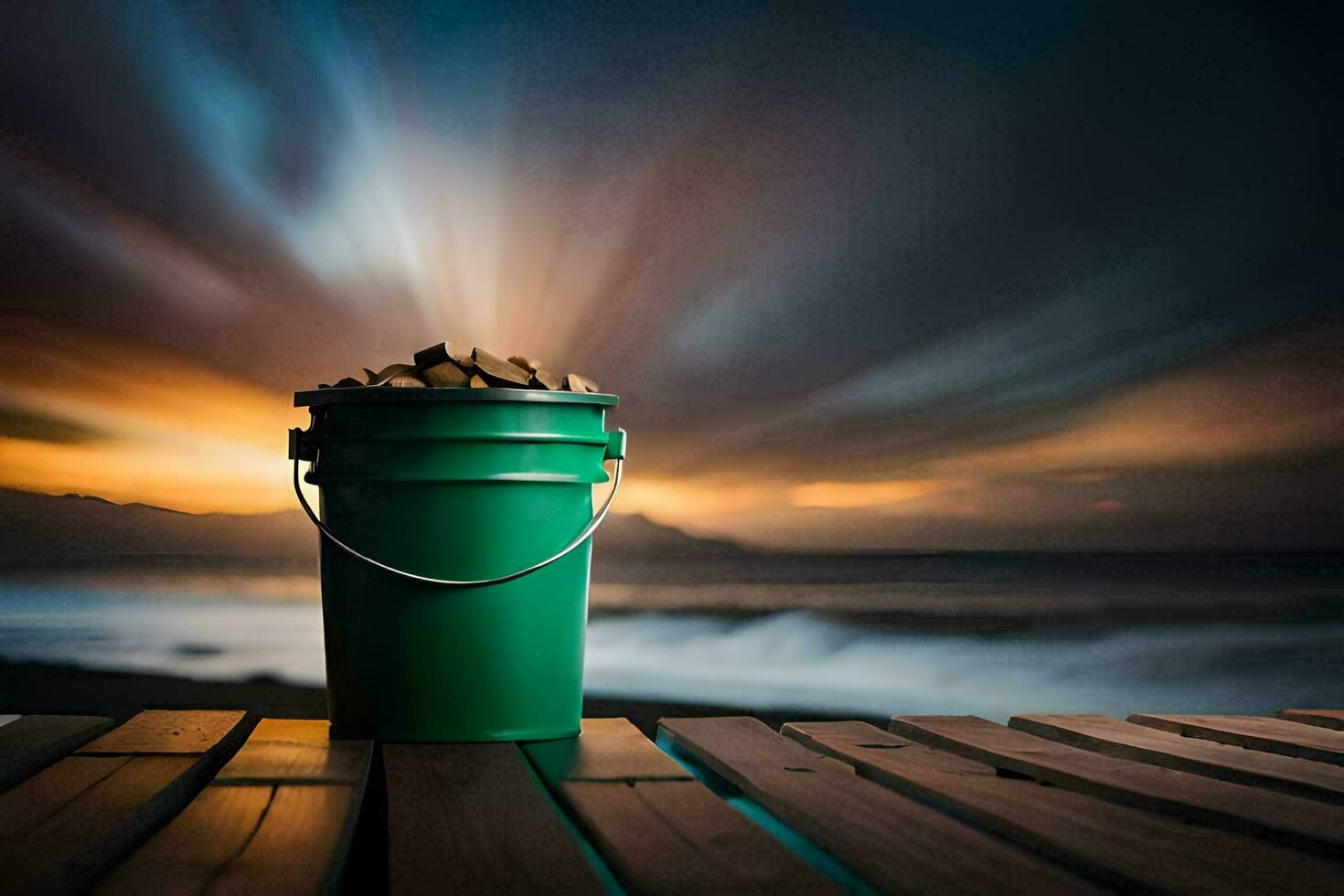 a bucket of sand on a wooden deck with a sunset in the background. AI-Generated photo