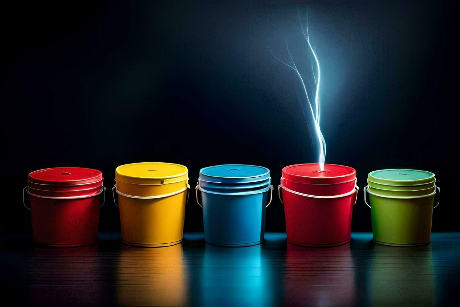 a row of colorful buckets with smoke coming out of them. AI-Generated photo