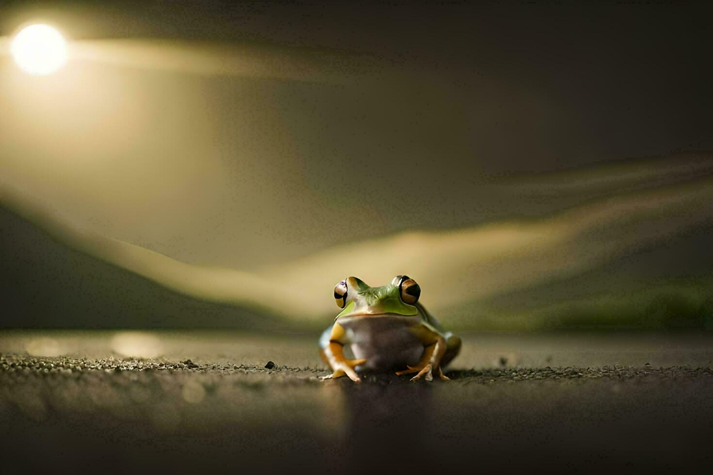 a frog sitting on the ground in front of a full moon. AI-Generated photo