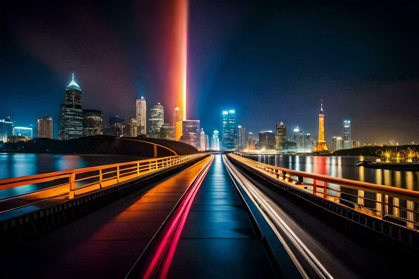 a long exposure photo of a bridge over water with lights. AI-Generated
