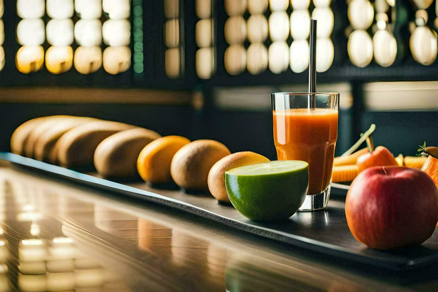 a tray with fruit and juice on it. AI-Generated photo