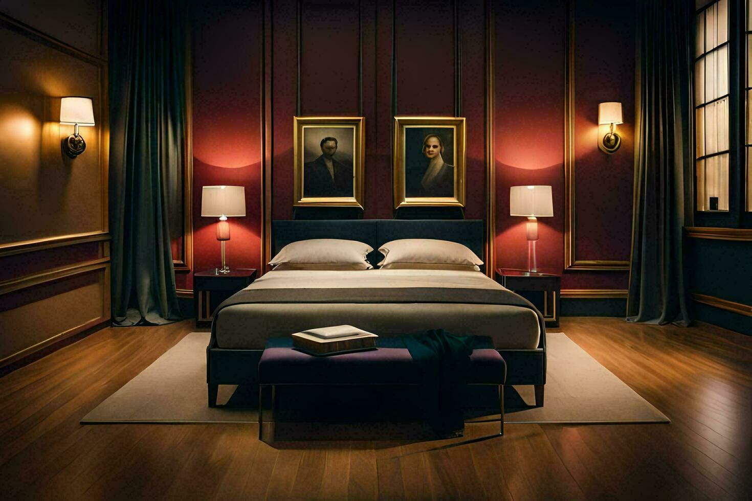 a bedroom with red walls and a bed. AI-Generated photo