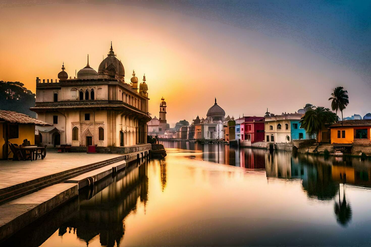 the sun sets over a river in india. AI-Generated photo