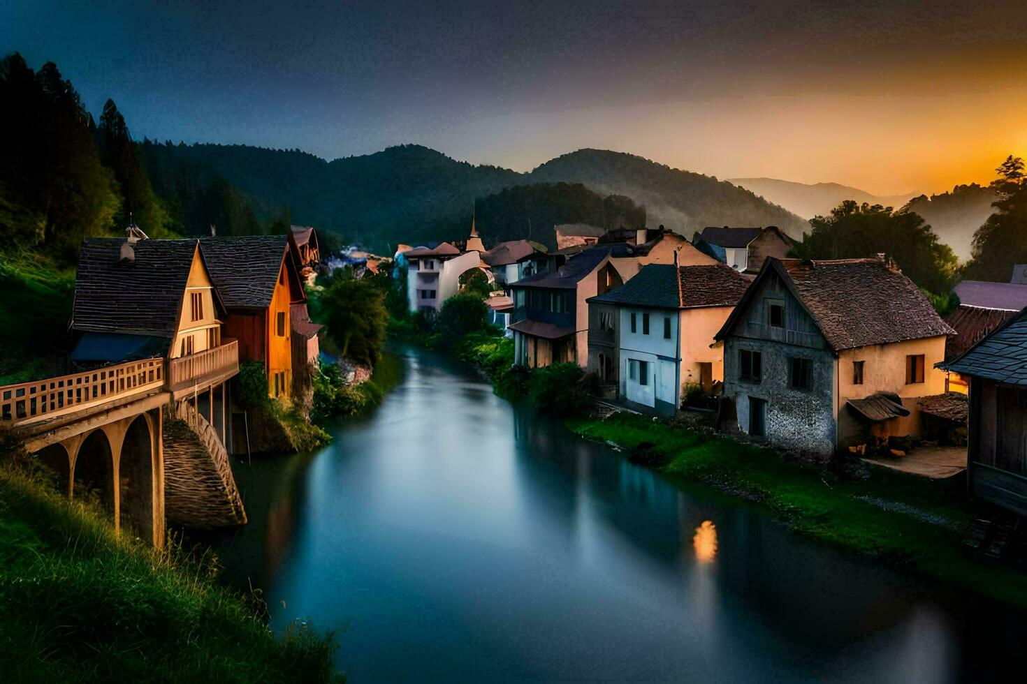 photo wallpaper the sky, water, river, bridge, houses, village, sunset, europe. AI-Generated