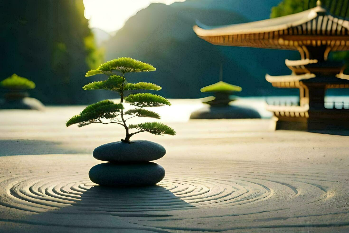 a small tree is sitting on top of rocks in a sand pit. AI-Generated photo