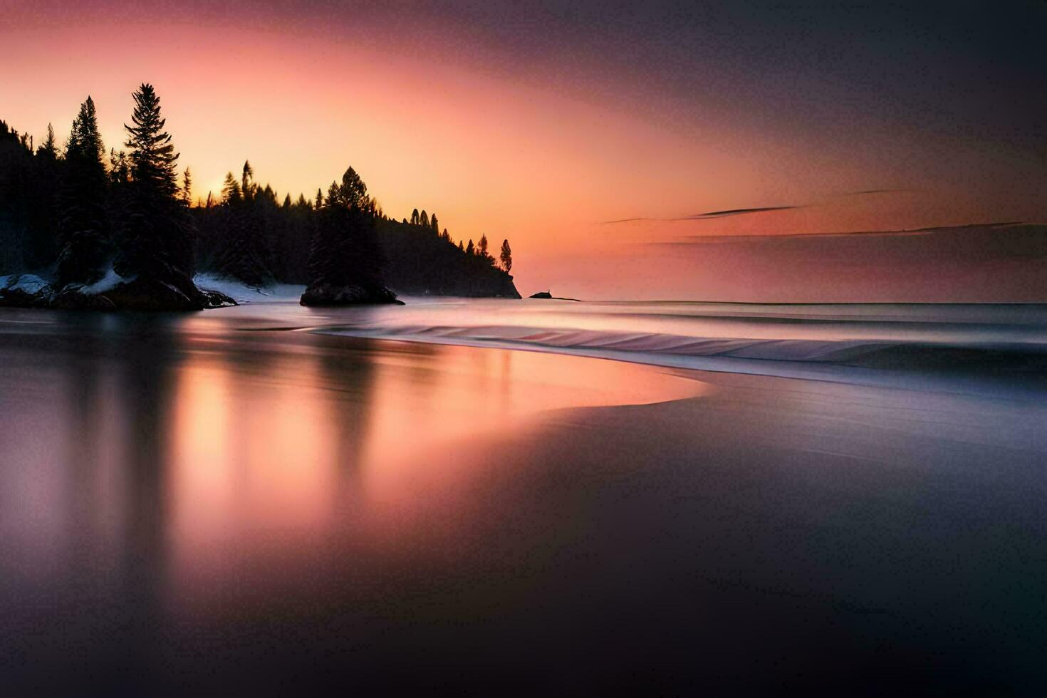 a beautiful sunset over the ocean with trees. AI-Generated photo