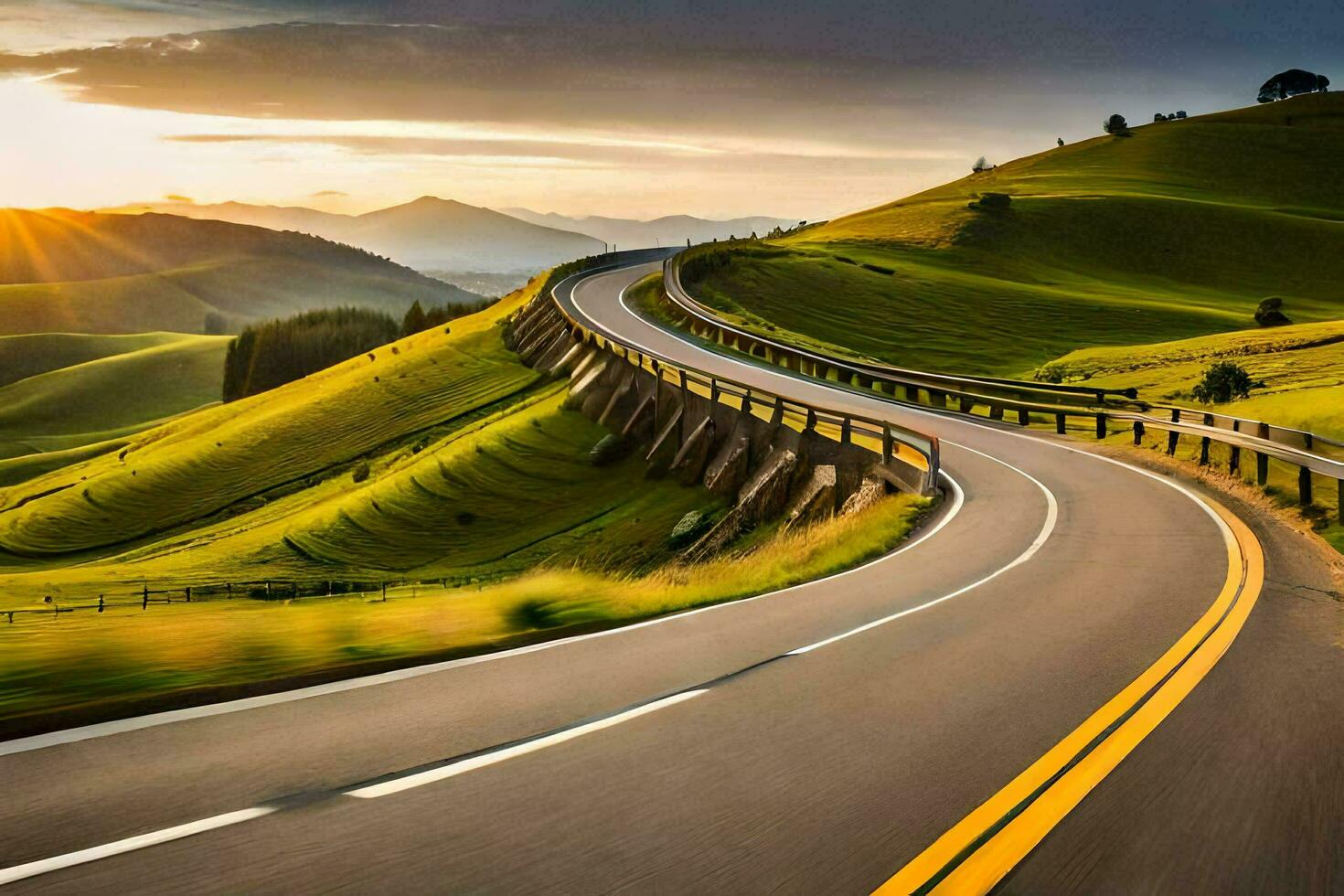 a winding road in the mountains with the sun setting. AI-Generated photo