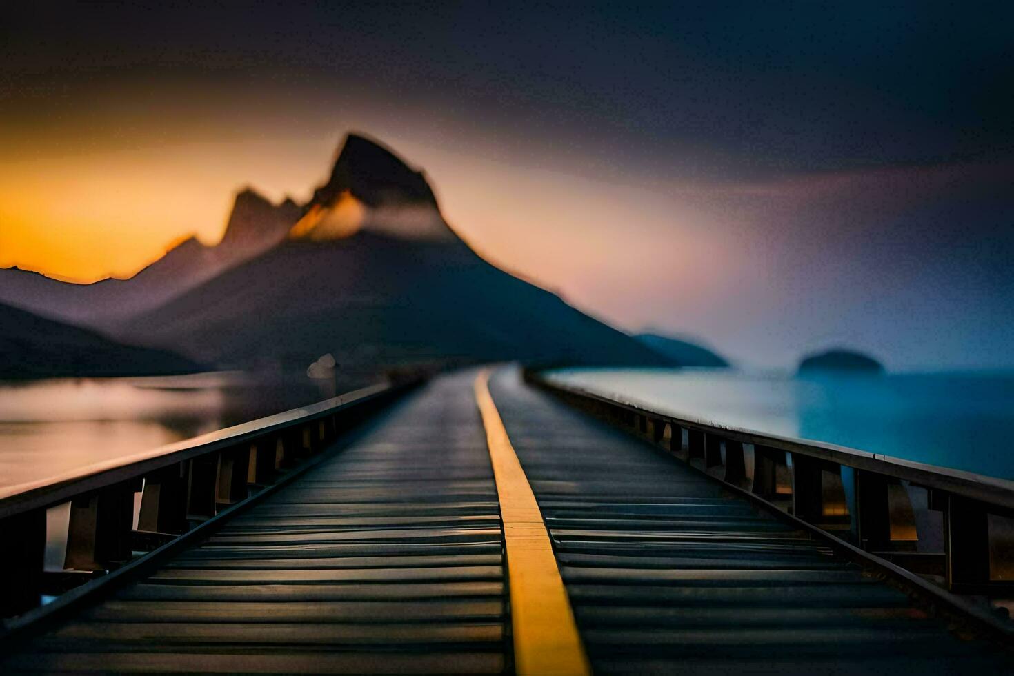 a long bridge with mountains in the background. AI-Generated photo