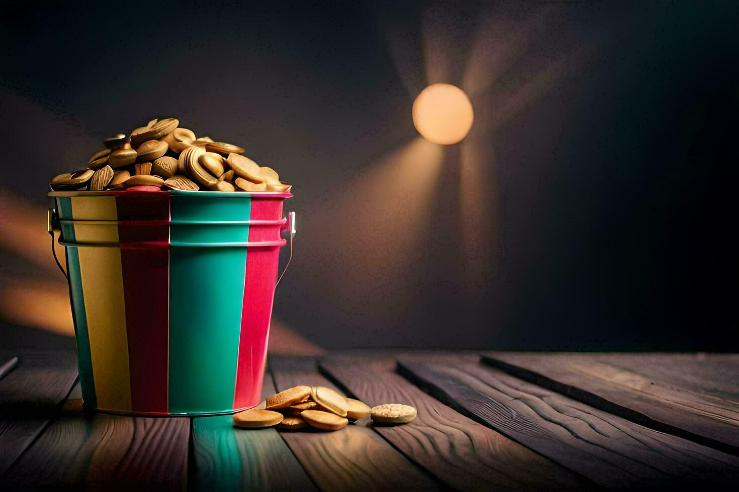 cashews in a colorful bucket on a wooden table. AI-Generated photo