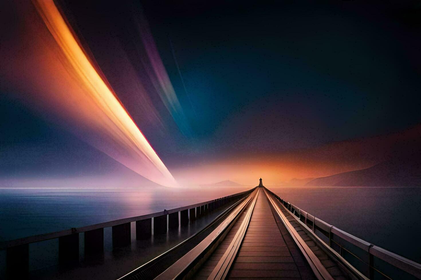 a long bridge with a light trail in the sky. AI-Generated photo