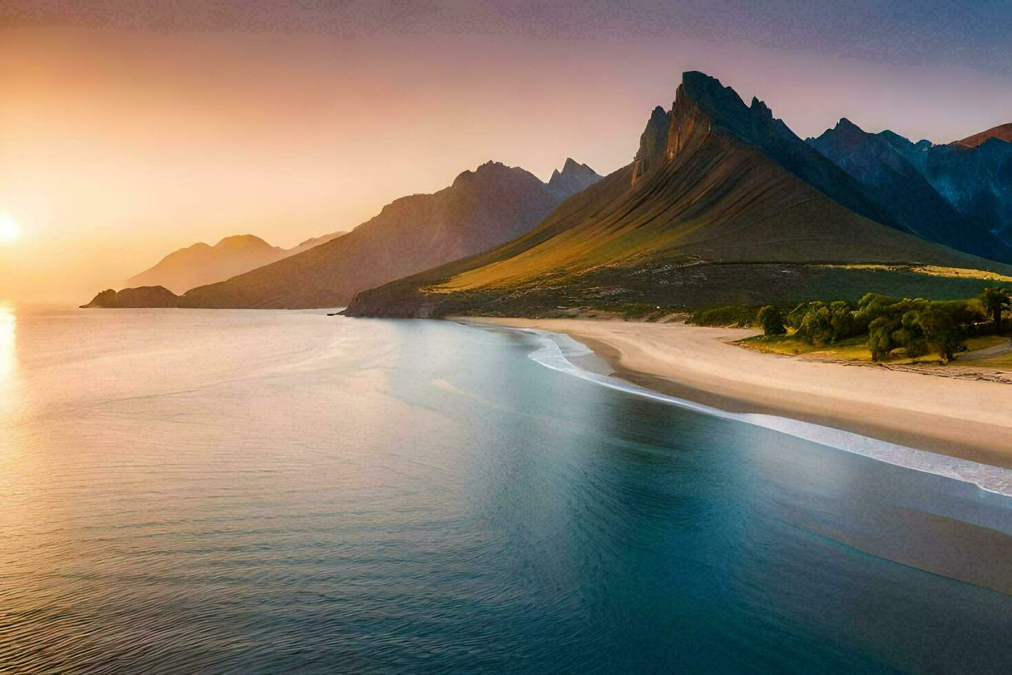 the sun sets over a beach and mountains. AI-Generated photo