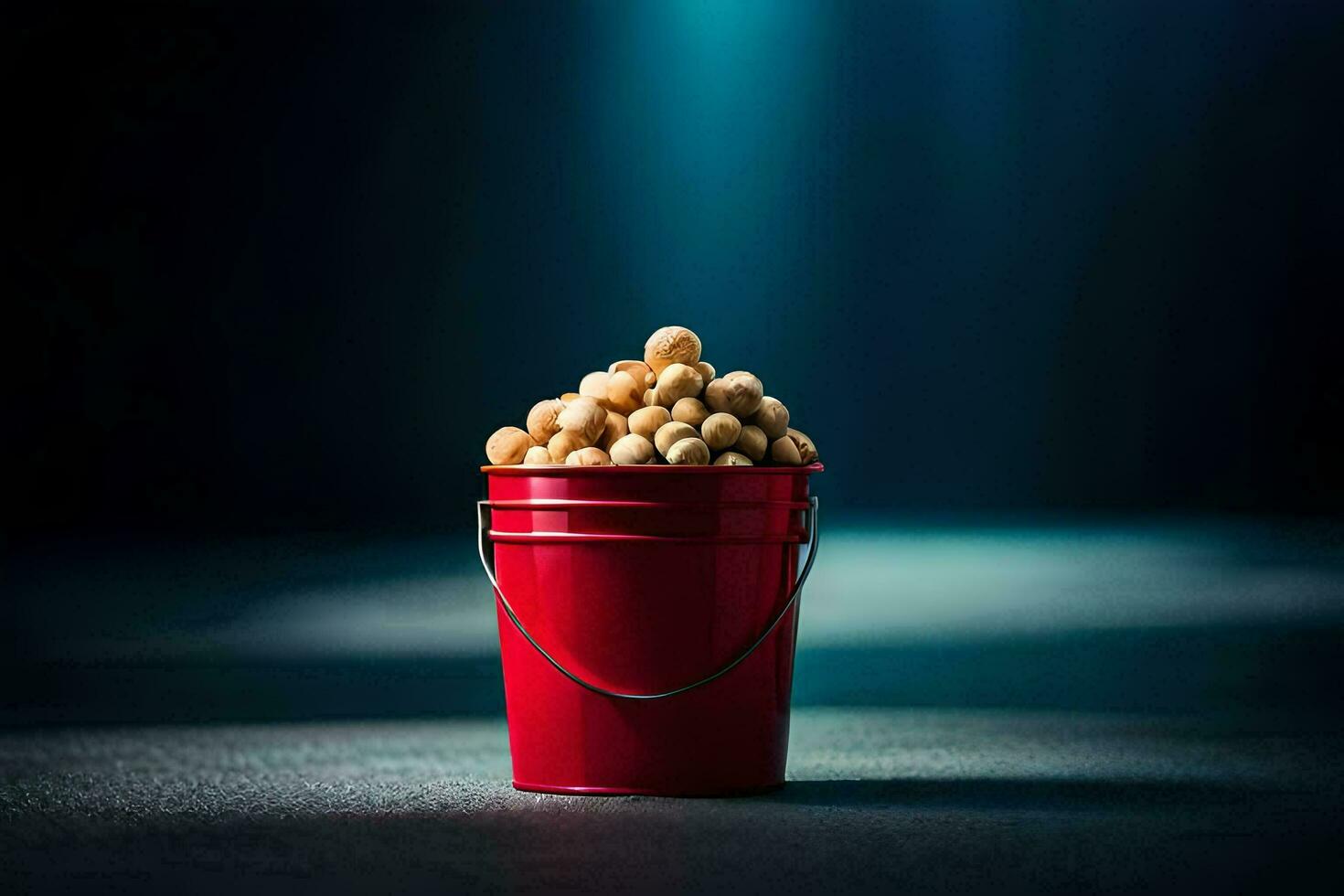 a bucket filled with peanuts on a dark background. AI-Generated photo