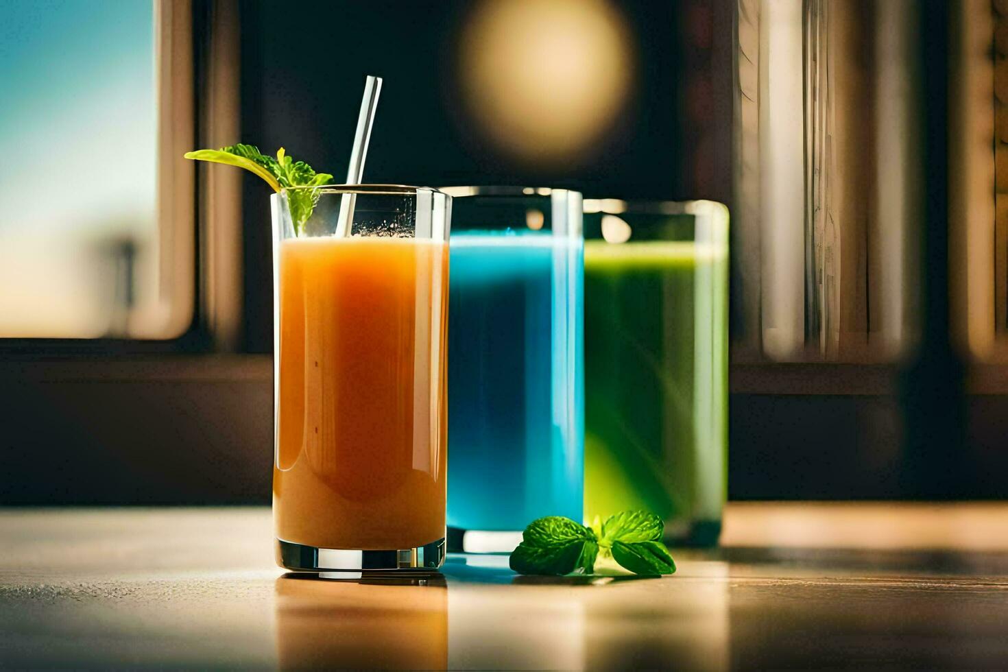 three different colored juices are sitting on a table. AI-Generated photo