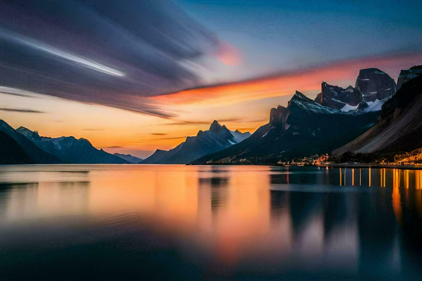 the sunset over a mountain range and lake. AI-Generated photo