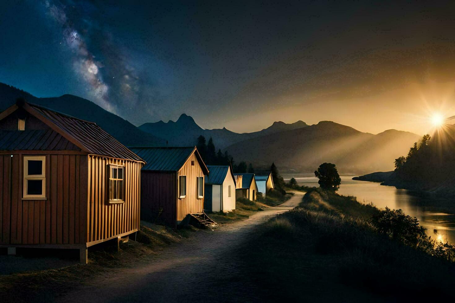 the sun sets over a lake and a row of cabins. AI-Generated photo