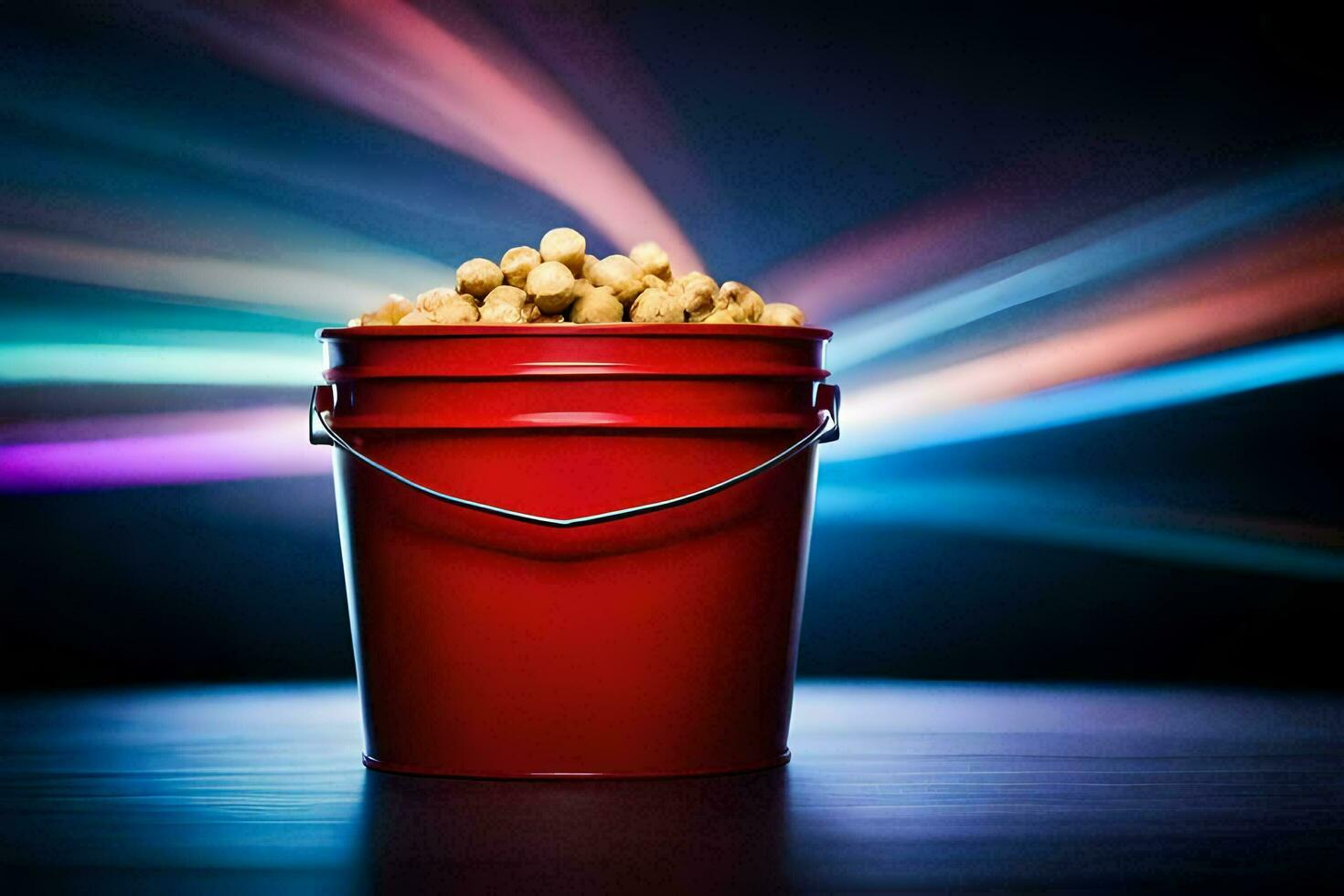 a red bucket filled with popcorn on a table. AI-Generated photo