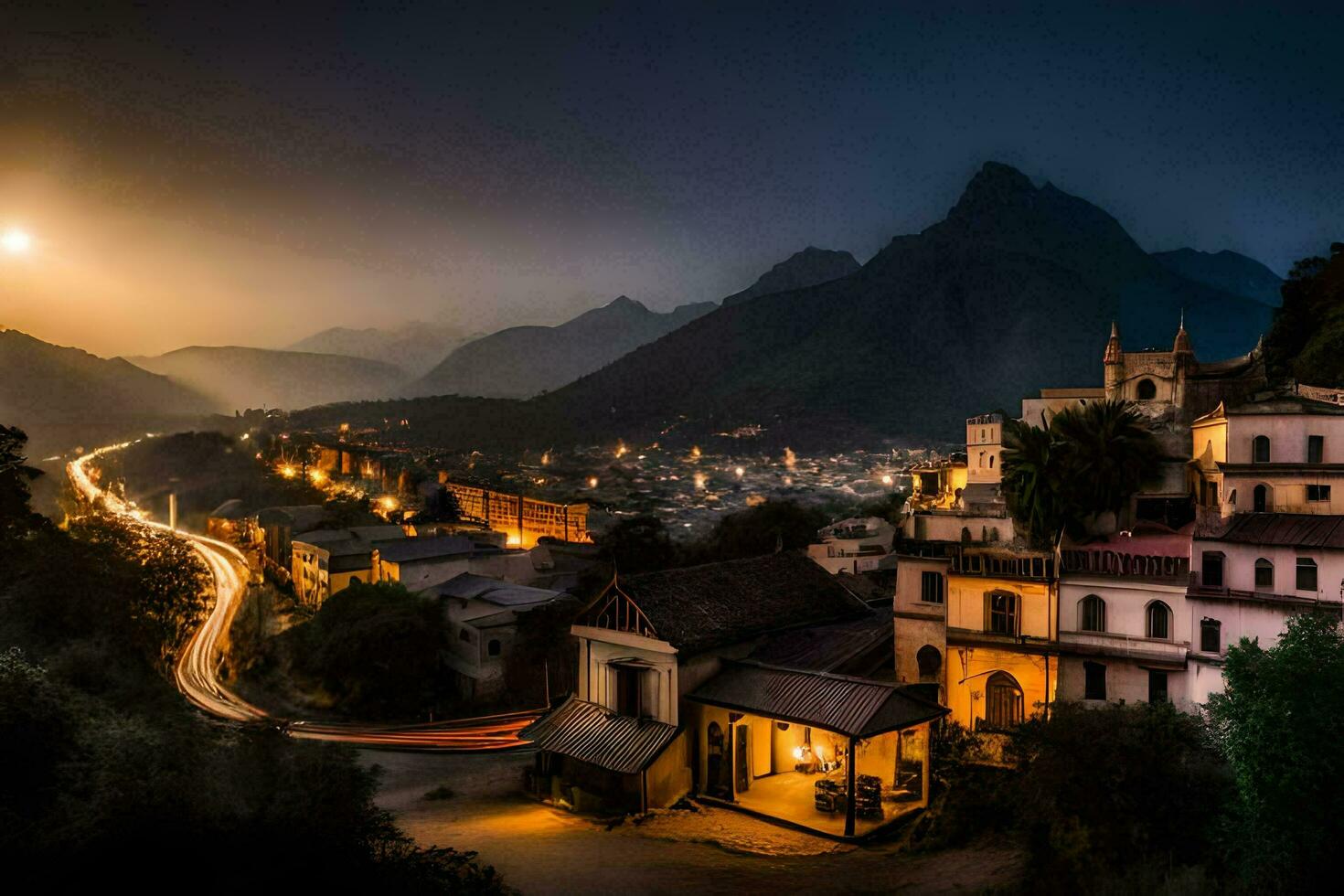 the moon rises over a town in the mountains. AI-Generated photo