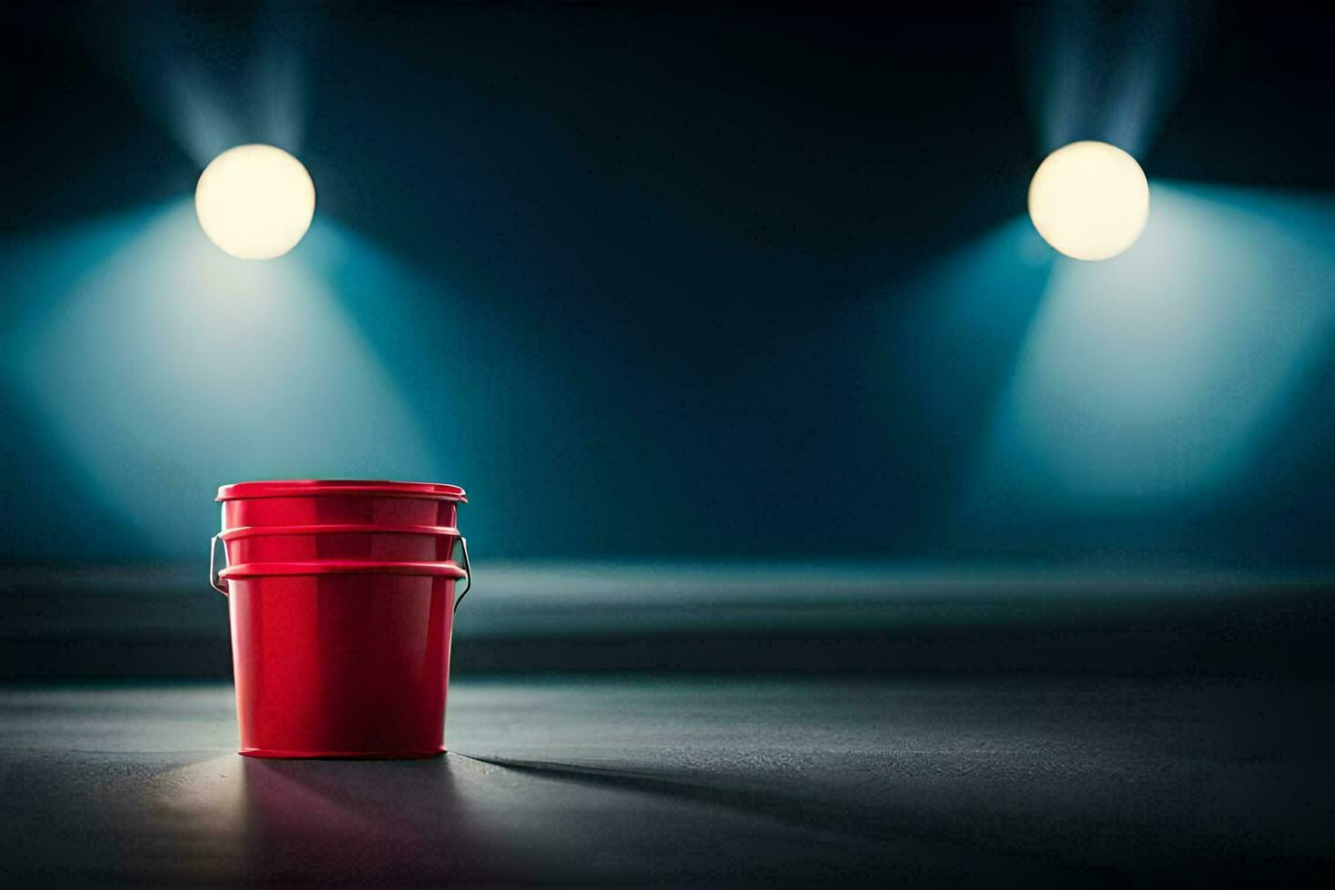 a red bucket sits in front of a spotlight. AI-Generated photo