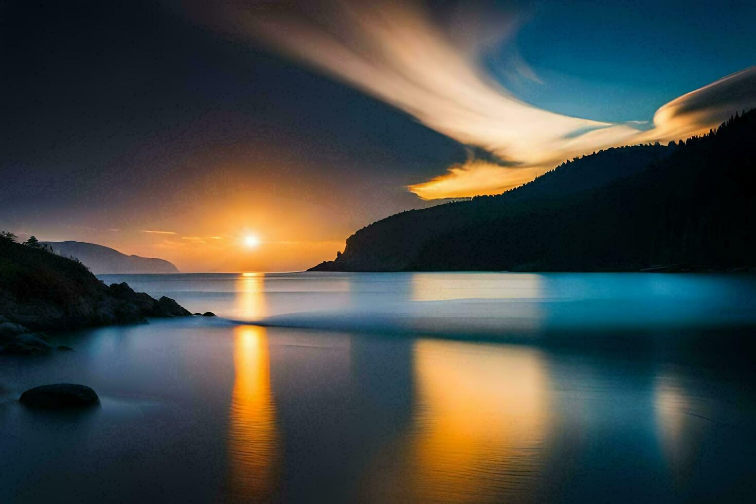the sun sets over a lake and mountains. AI-Generated photo