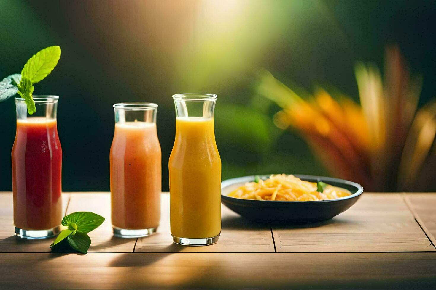 three different types of juices in glass bottles on a table. AI