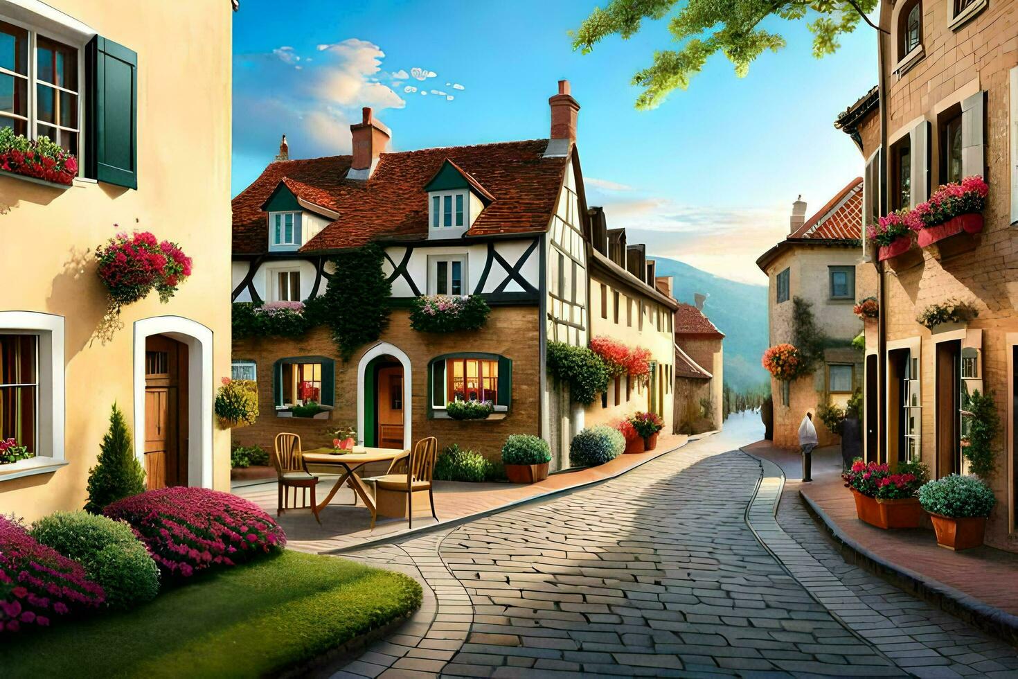 a street with houses and flowers in the middle. AI-Generated photo
