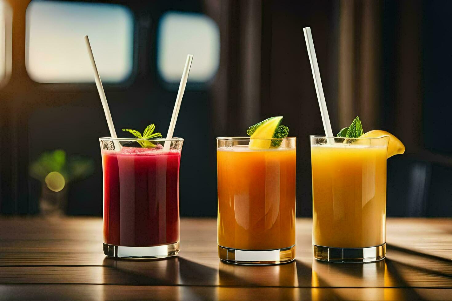 three different types of juices are sitting on a table. AIGenerated