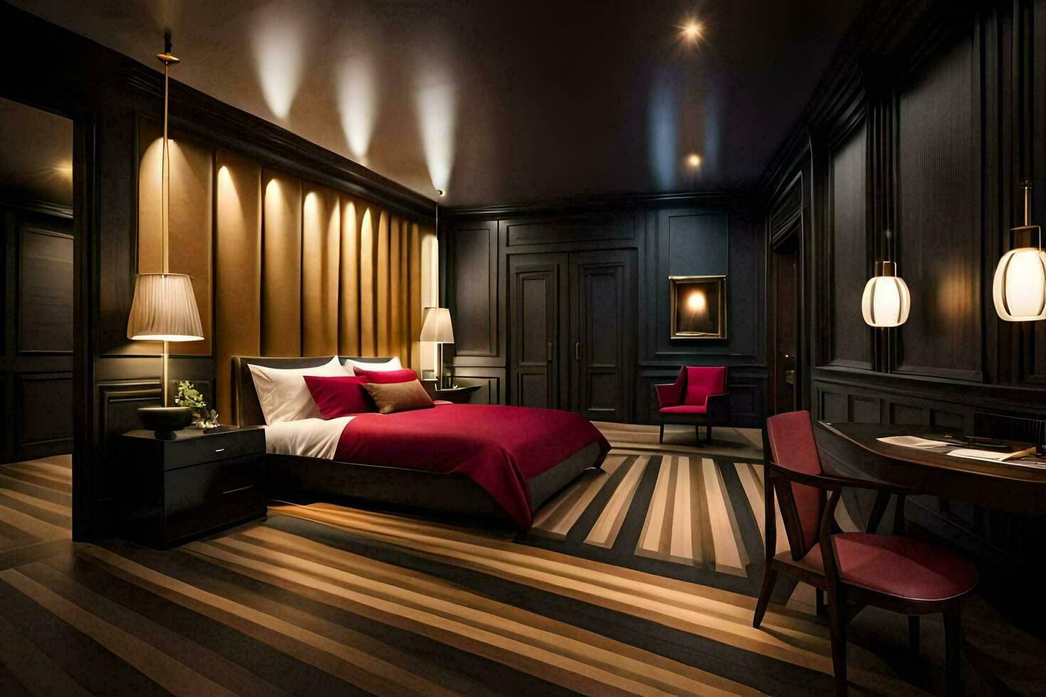 a bedroom with black walls and wood floors. AI-Generated photo