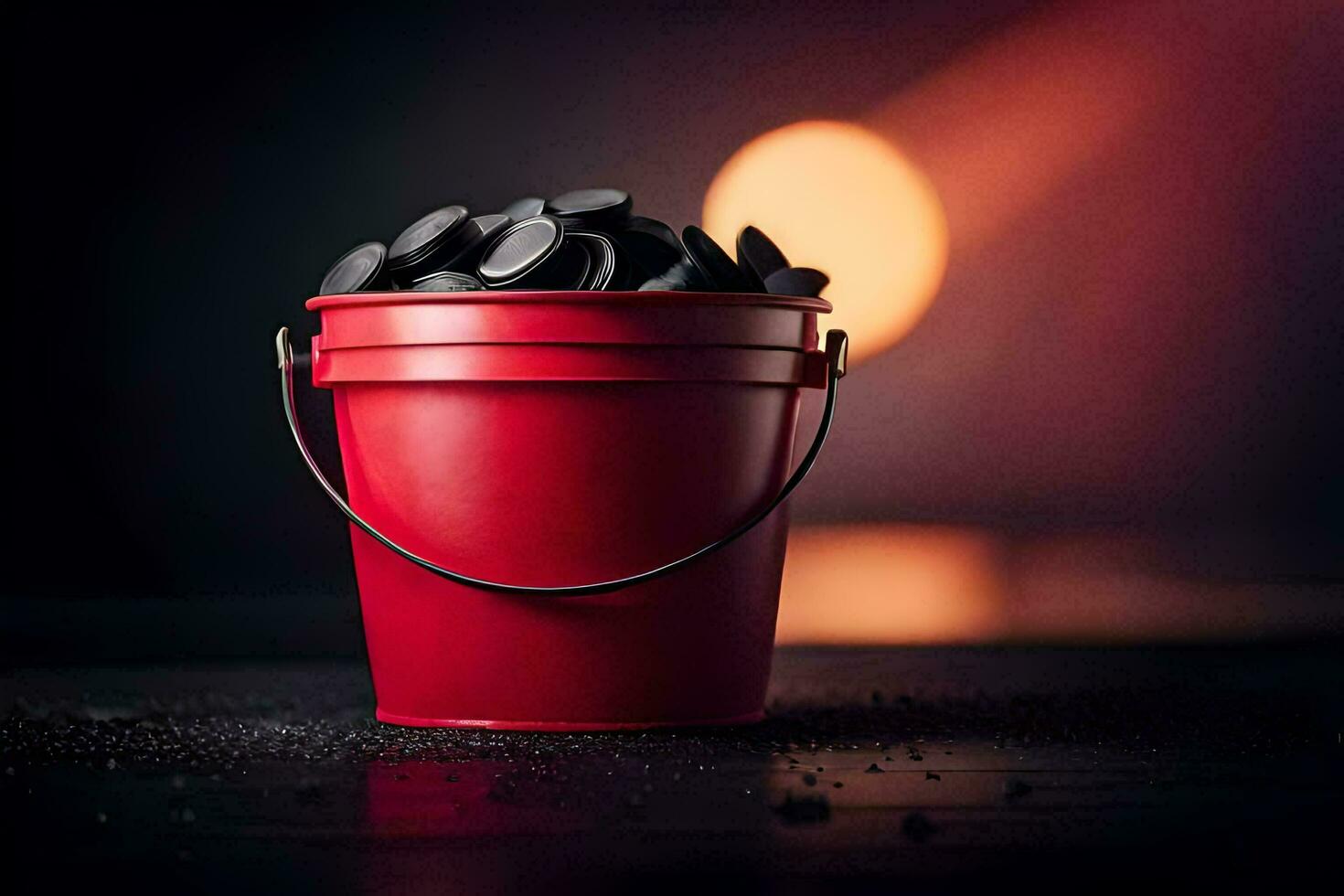 a red bucket filled with black coins. AI-Generated photo