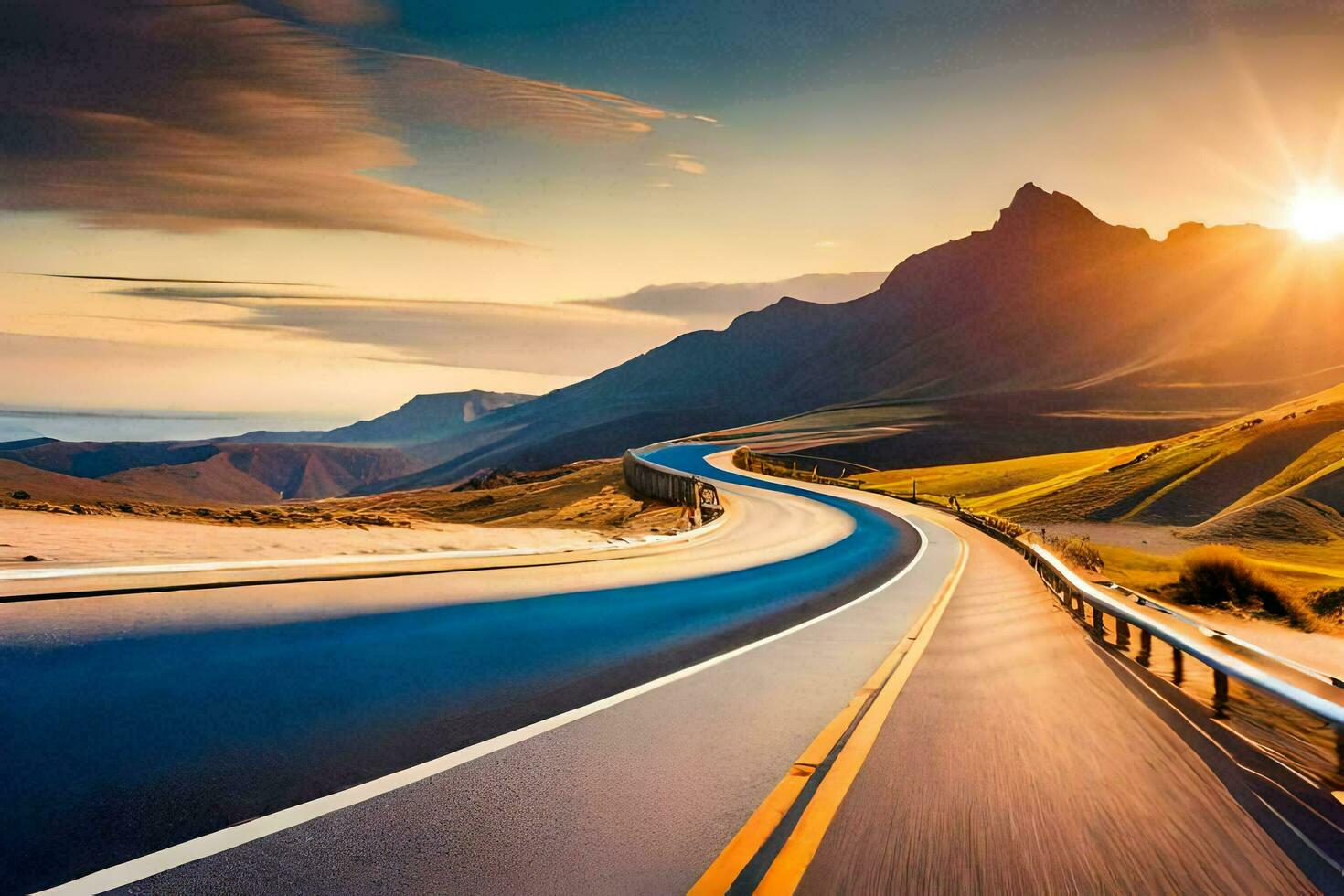 a road with the sun setting behind it. AI-Generated photo