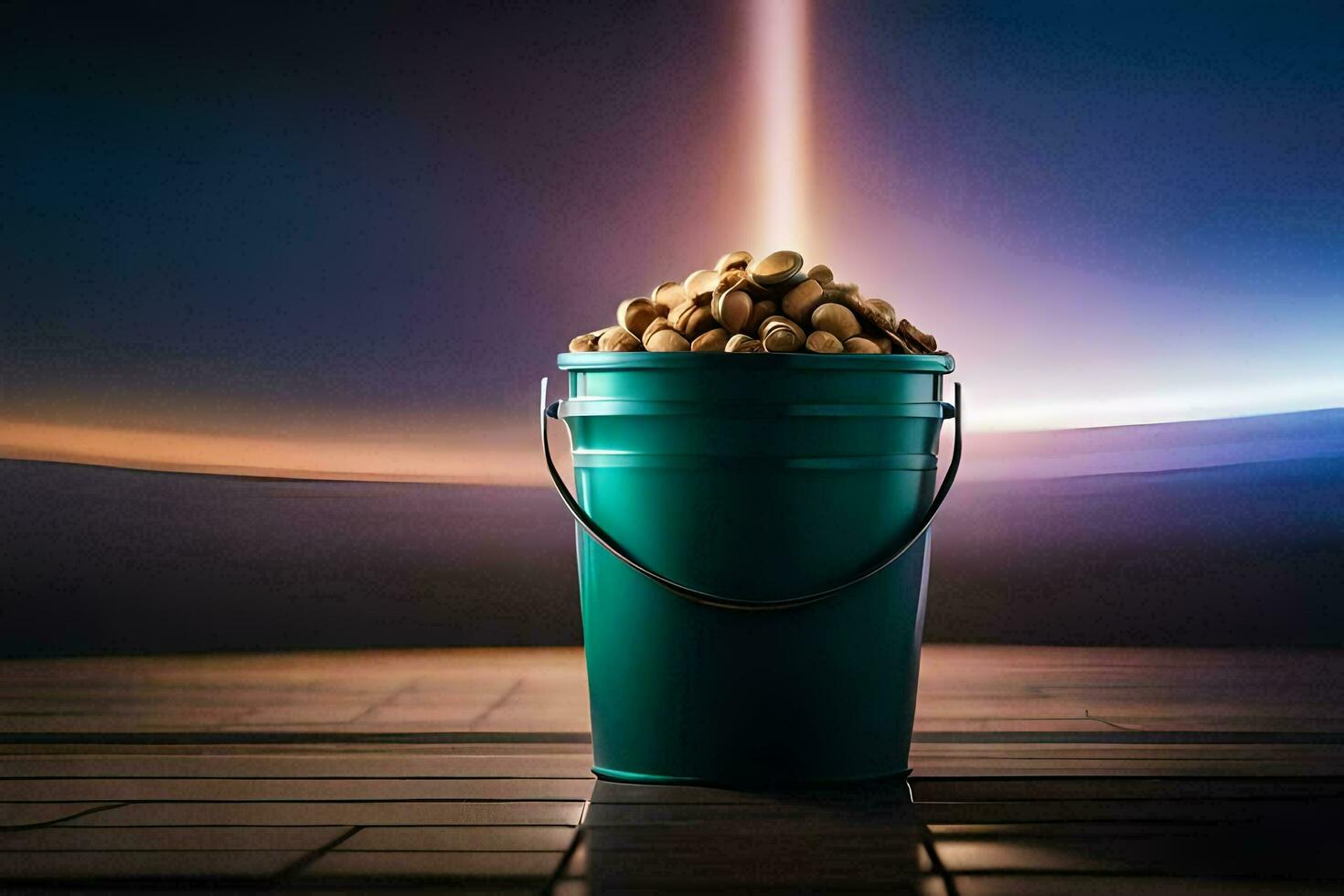 a bucket filled with nuts on a wooden floor. AI-Generated photo