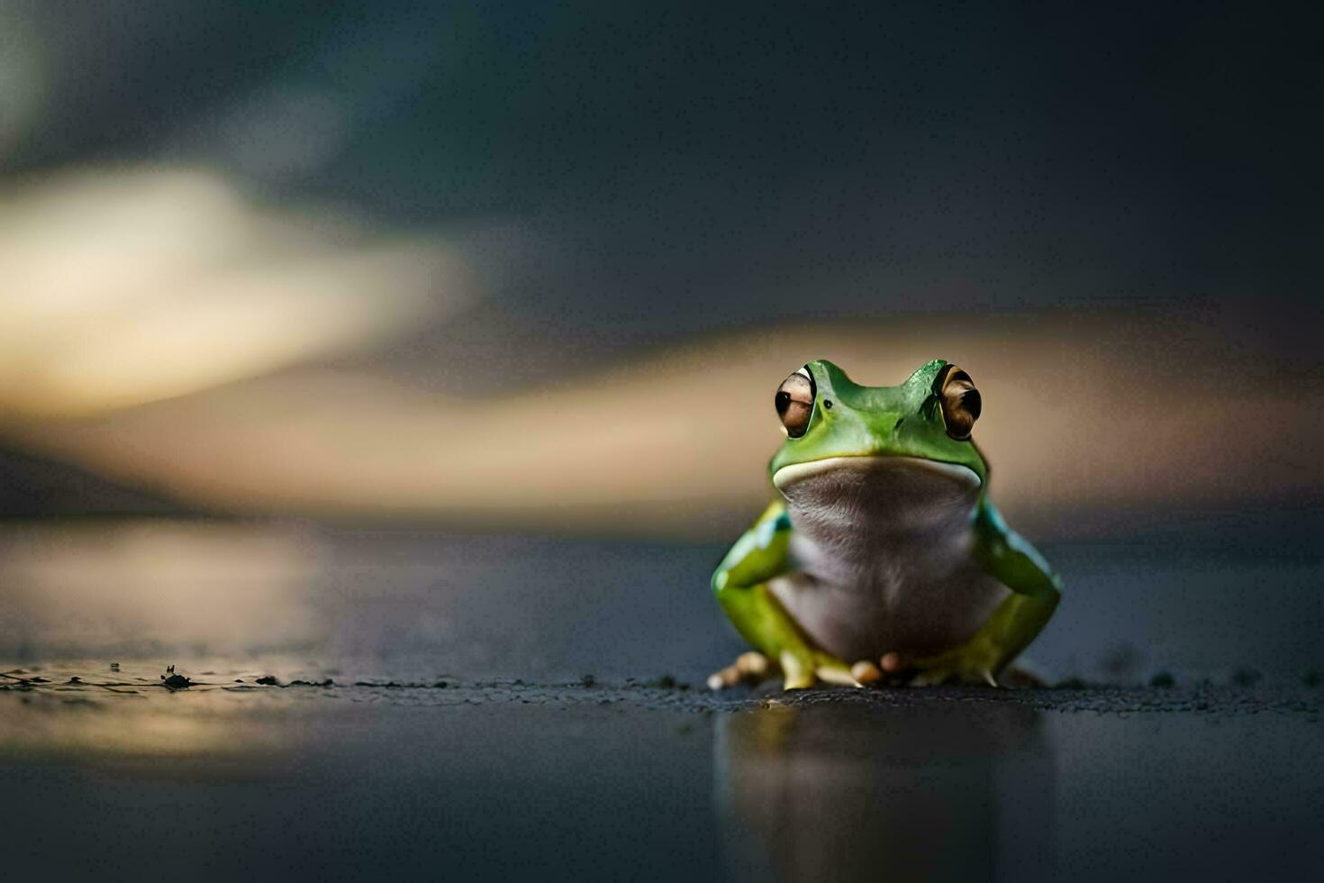a frog sitting on the ground with a dark background. AI-Generated photo
