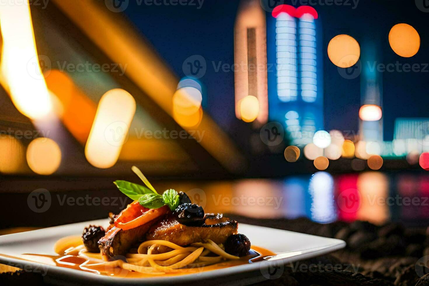 a plate of spaghetti with a view of the city. AI-Generated photo