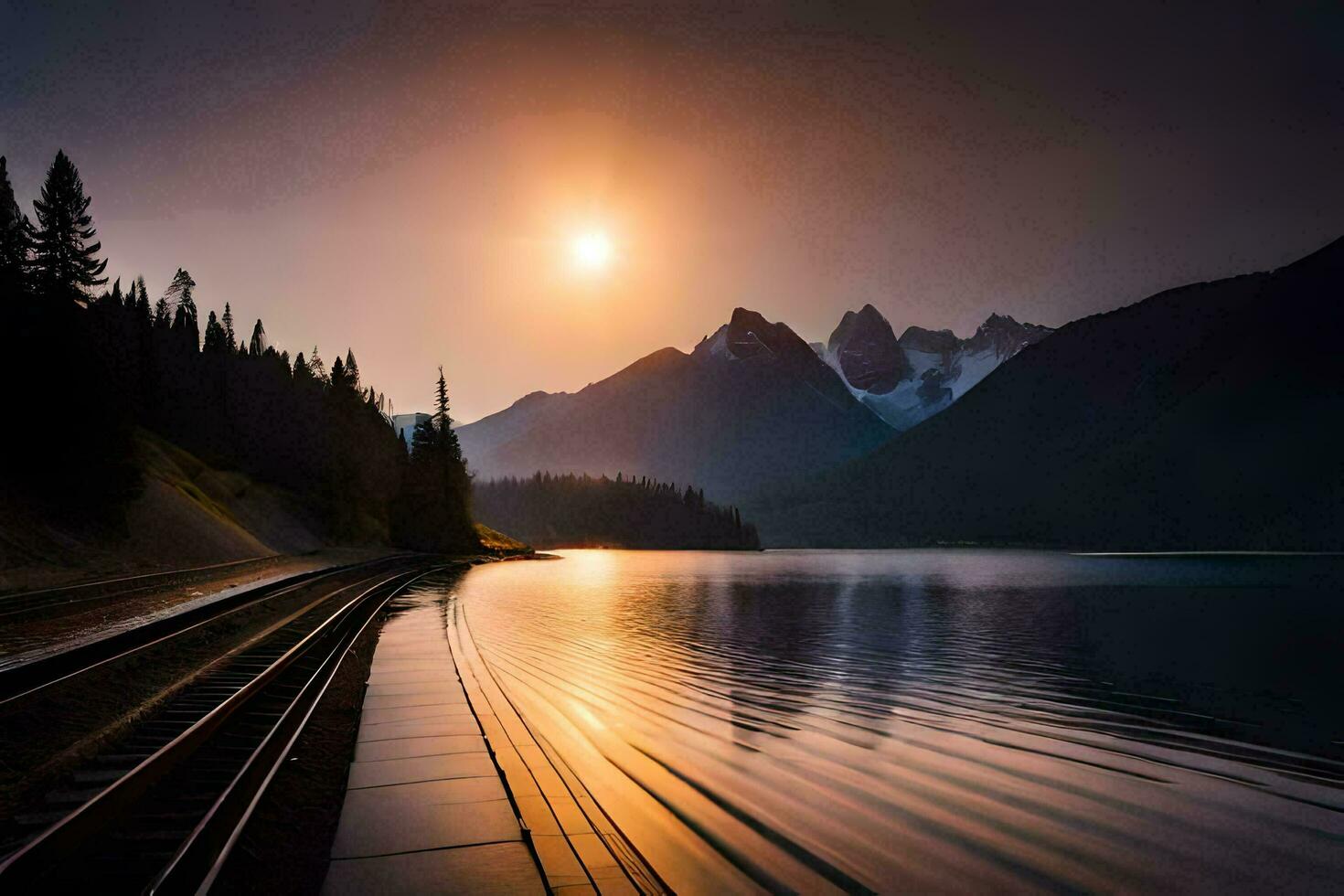 a train tracks along the shore of a lake at sunset. AI-Generated photo