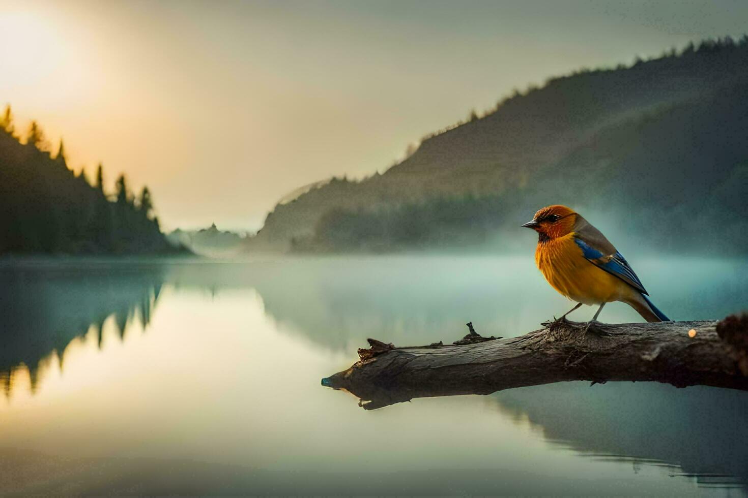 a bird sits on a branch in front of a lake. AI-Generated photo