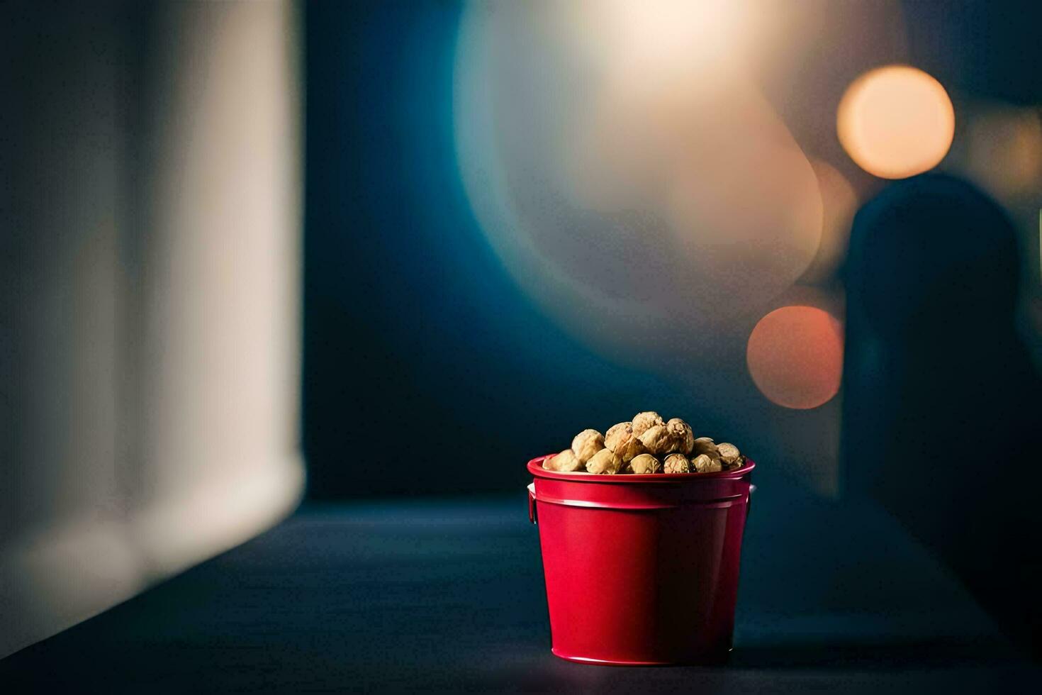 a red bucket with peanuts sitting on a table. AI-Generated photo