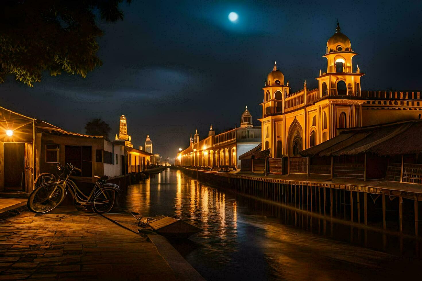 a bike is parked on the side of a canal at night. AI-Generated photo