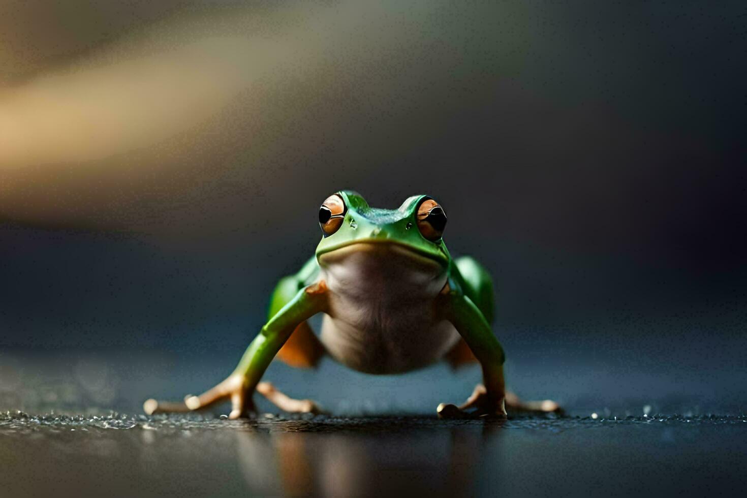 a frog is standing on a dark surface. AI-Generated photo