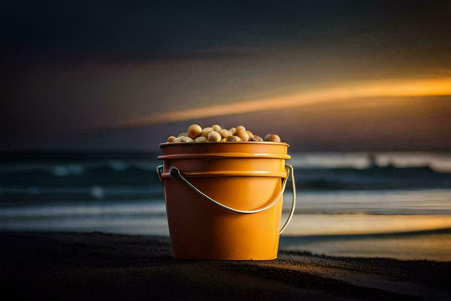 a bucket of peanuts on the beach. AI-Generated photo