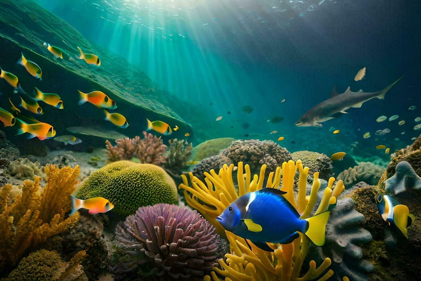 an underwater scene with fish and coral. AI-Generated photo